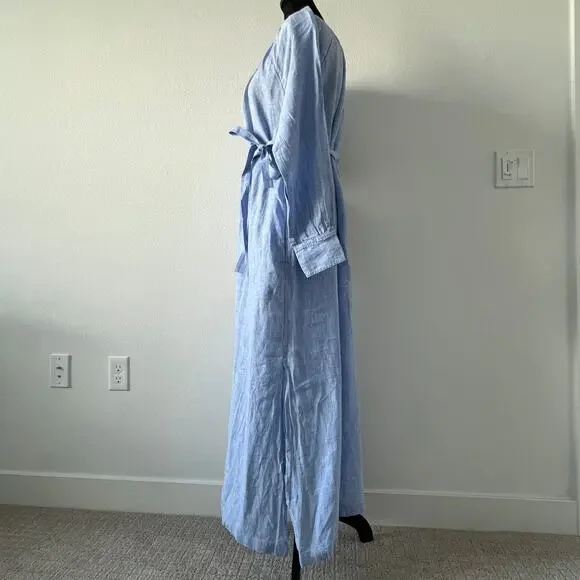 J Crew Cabana Linen Dress Size Small Blue Long Sleeve Pockets Flaw - Picture 5 of 15